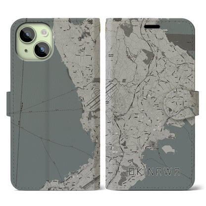 【沖縄（沖縄県）】地図柄iPhoneケース（手帳タイプ）モノトーン・iPhone 15 用