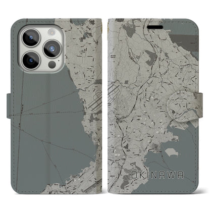 【沖縄（沖縄県）】地図柄iPhoneケース（手帳タイプ）モノトーン・iPhone 15 Pro 用