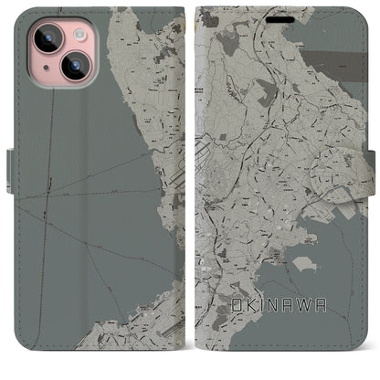 【沖縄（沖縄県）】地図柄iPhoneケース（手帳タイプ）モノトーン・iPhone 15 Plus 用