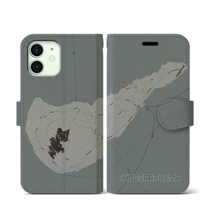 【沖永良部島（鹿児島県）】地図柄iPhoneケース（手帳タイプ）モノトーン・iPhone 12 mini 用