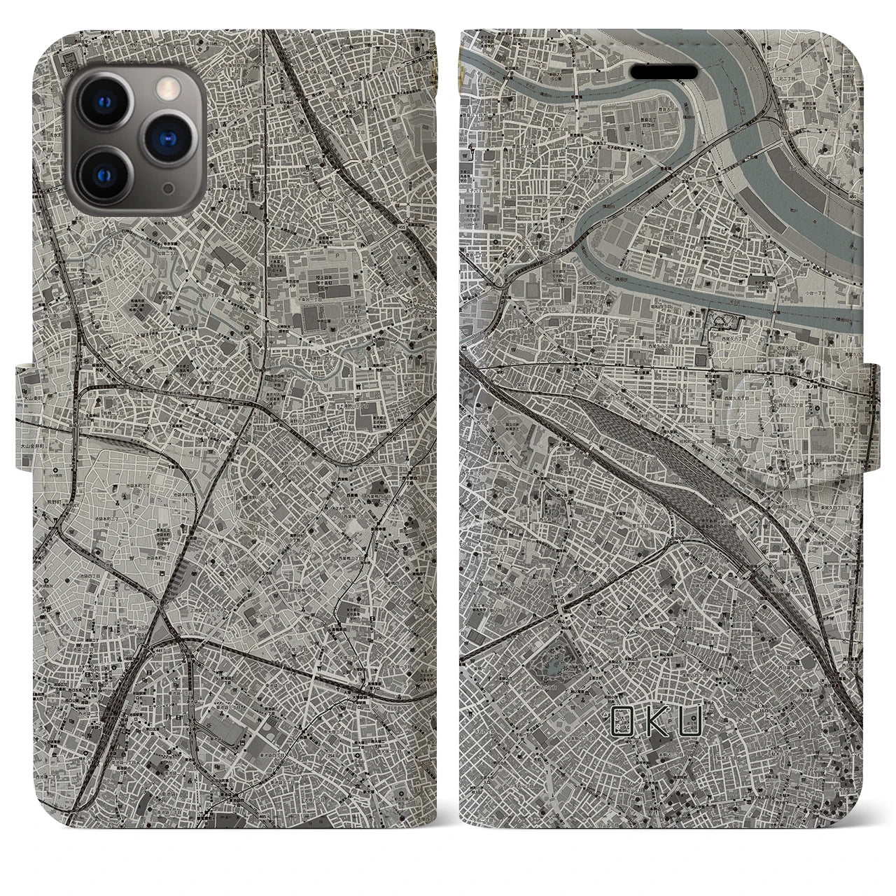 【尾久】地図柄iPhoneケース（手帳両面タイプ・モノトーン）iPhone 11 Pro Max 用