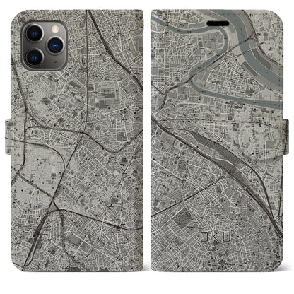 【尾久（東京都）】地図柄iPhoneケース（手帳タイプ）モノトーン・iPhone 11 Pro Max 用