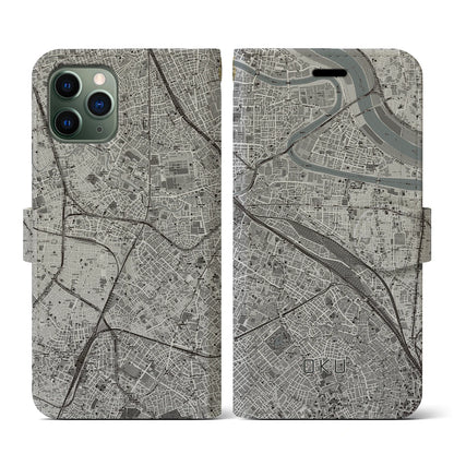 【尾久（東京都）】地図柄iPhoneケース（手帳タイプ）モノトーン・iPhone 11 Pro 用