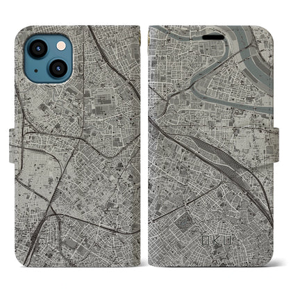 【尾久（東京都）】地図柄iPhoneケース（手帳タイプ）モノトーン・iPhone 13 用