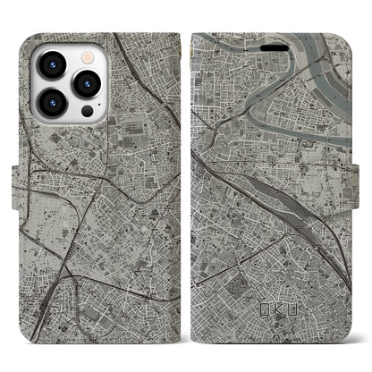 【尾久（東京都）】地図柄iPhoneケース（手帳タイプ）モノトーン・iPhone 13 Pro 用