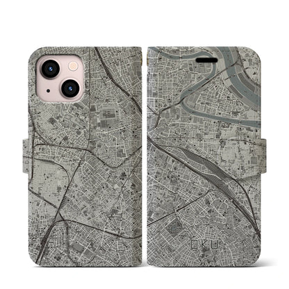 【尾久（東京都）】地図柄iPhoneケース（手帳タイプ）モノトーン・iPhone 13 mini 用