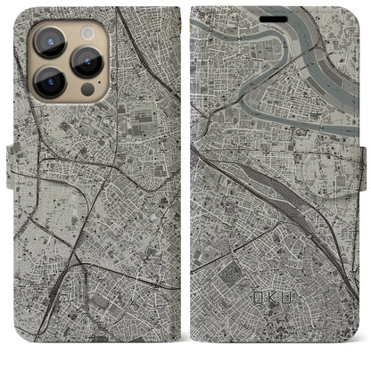 【尾久（東京都）】地図柄iPhoneケース（手帳タイプ）モノトーン・iPhone 14 Pro Max 用