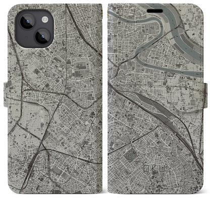 【尾久（東京都）】地図柄iPhoneケース（手帳タイプ）モノトーン・iPhone 14 Plus 用