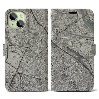 【尾久（東京都）】地図柄iPhoneケース（手帳タイプ）モノトーン・iPhone 15 用
