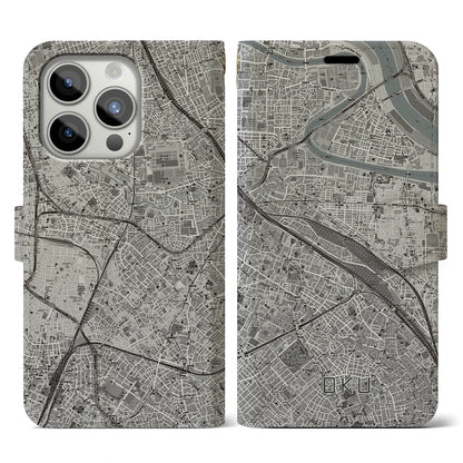 【尾久（東京都）】地図柄iPhoneケース（手帳タイプ）モノトーン・iPhone 15 Pro 用