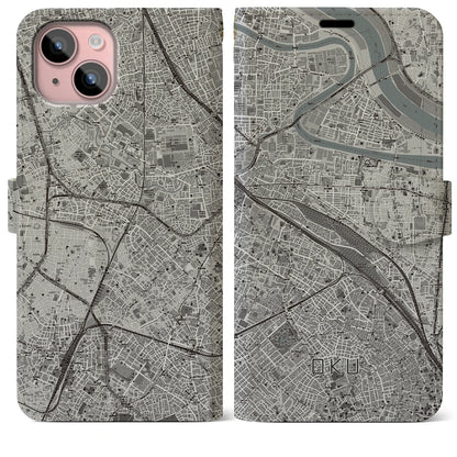 【尾久（東京都）】地図柄iPhoneケース（手帳タイプ）モノトーン・iPhone 15 Plus 用