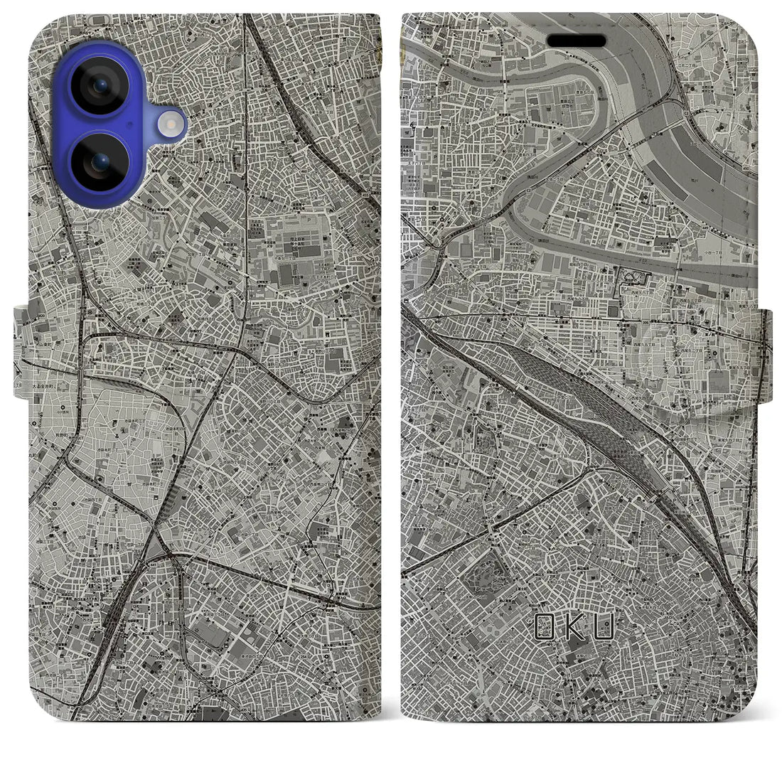 【尾久(東京都)】地図柄iPhoneケース(手帳タイプ)モノトーン・iPhone 16 Pro Max 用