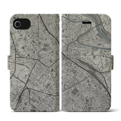 【尾久（東京都）】地図柄iPhoneケース（手帳タイプ）モノトーン・iPhone SE（第3 / 第2世代） / 8 / 7 / 6s / 6 用