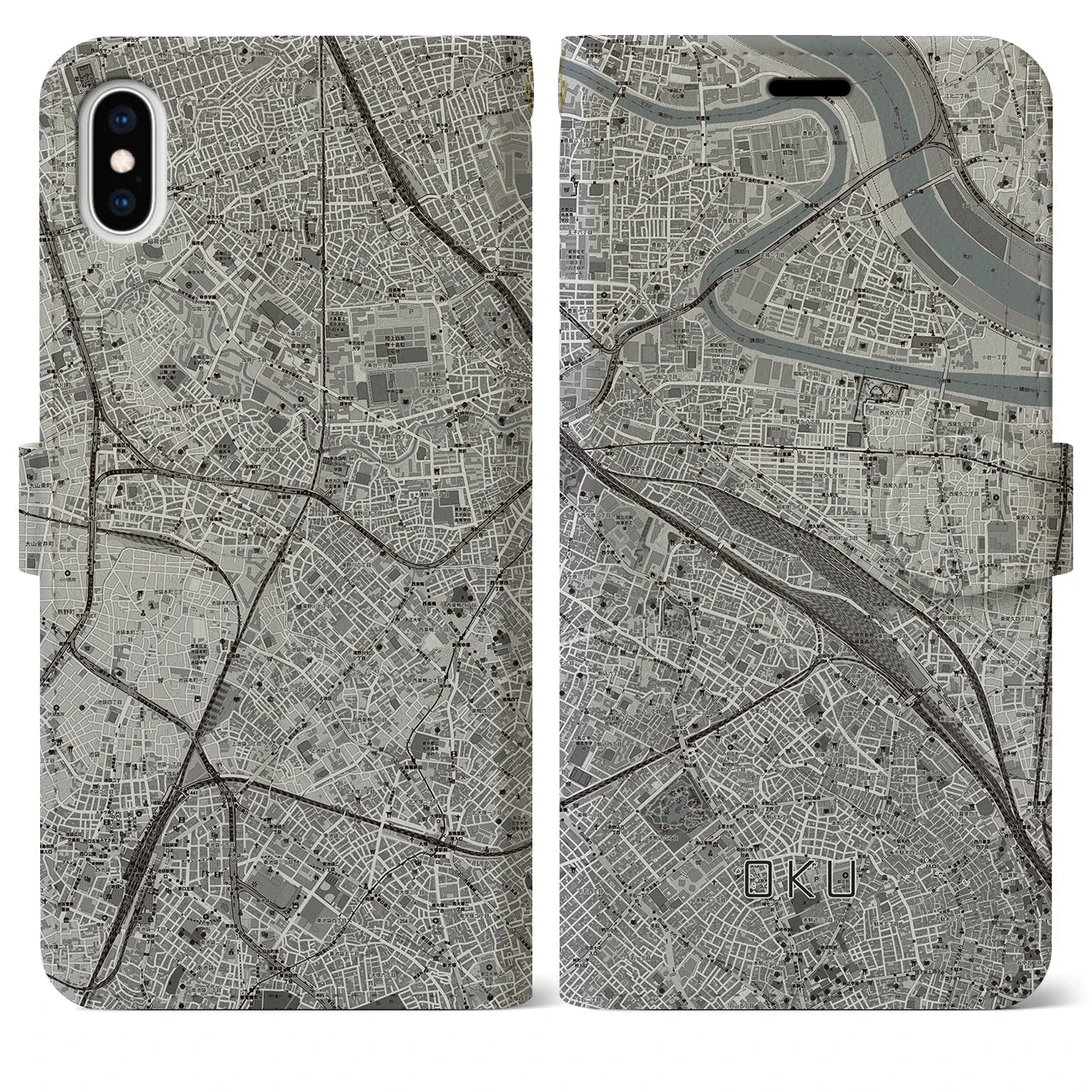 【尾久（東京都）】地図柄iPhoneケース（手帳タイプ）モノトーン・iPhone XS Max 用