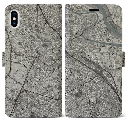 【尾久（東京都）】地図柄iPhoneケース（手帳タイプ）モノトーン・iPhone XS Max 用