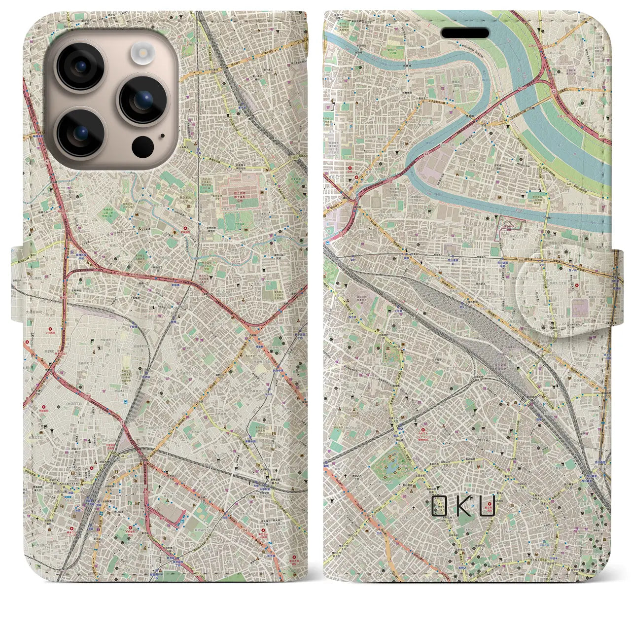 【尾久（東京都）】地図柄iPhoneケース（手帳タイプ）ナチュラル・iPhone 16 Plus 用