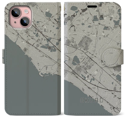 【大久保（兵庫県）】地図柄iPhoneケース（手帳タイプ）モノトーン・iPhone 15 Plus 用