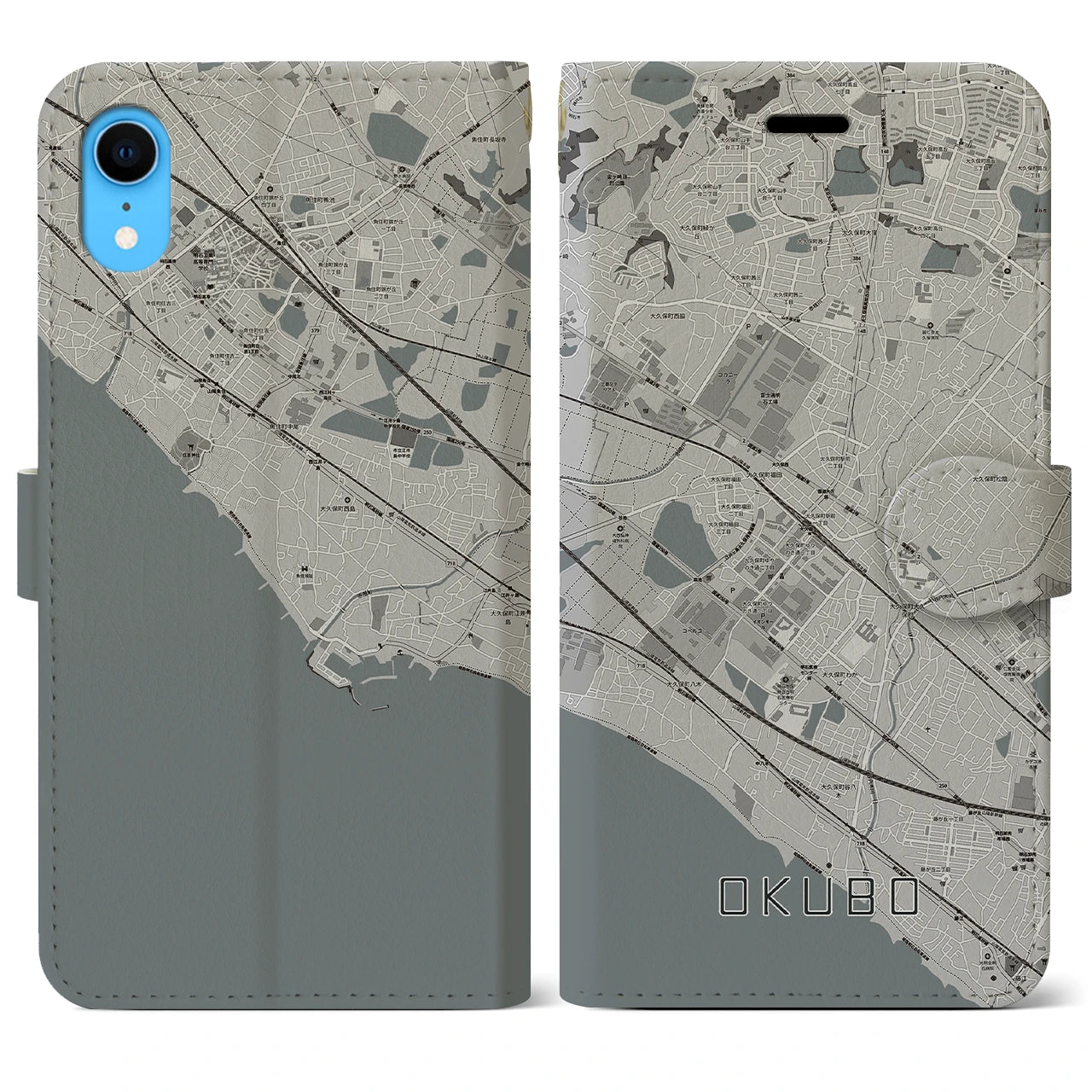 【大久保（兵庫県）】地図柄iPhoneケース（手帳両面タイプ・モノトーン）iPhone XR 用