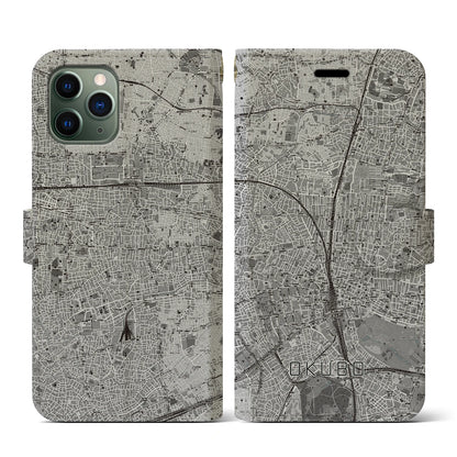 【大久保（東京都）】地図柄iPhoneケース（手帳タイプ）モノトーン・iPhone 11 Pro 用