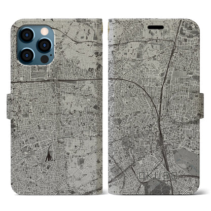 【大久保（東京都）】地図柄iPhoneケース（手帳タイプ）モノトーン・iPhone 12 / 12 Pro 用