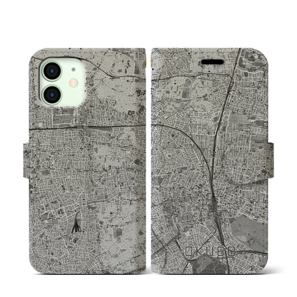 【大久保（東京都）】地図柄iPhoneケース（手帳タイプ）モノトーン・iPhone 12 mini 用