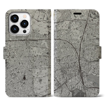 【大久保（東京都）】地図柄iPhoneケース（手帳タイプ）モノトーン・iPhone 13 Pro 用