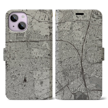【大久保（東京都）】地図柄iPhoneケース（手帳タイプ）モノトーン・iPhone 14 用