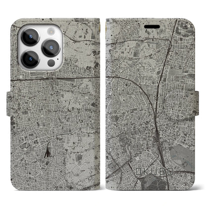 【大久保（東京都）】地図柄iPhoneケース（手帳タイプ）モノトーン・iPhone 14 Pro 用