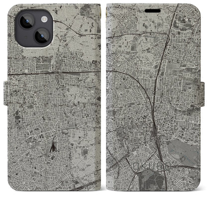 【大久保（東京都）】地図柄iPhoneケース（手帳タイプ）モノトーン・iPhone 14 Plus 用