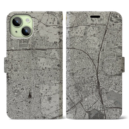 【大久保（東京都）】地図柄iPhoneケース（手帳タイプ）モノトーン・iPhone 15 用