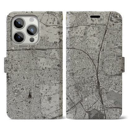 【大久保（東京都）】地図柄iPhoneケース（手帳タイプ）モノトーン・iPhone 15 Pro 用