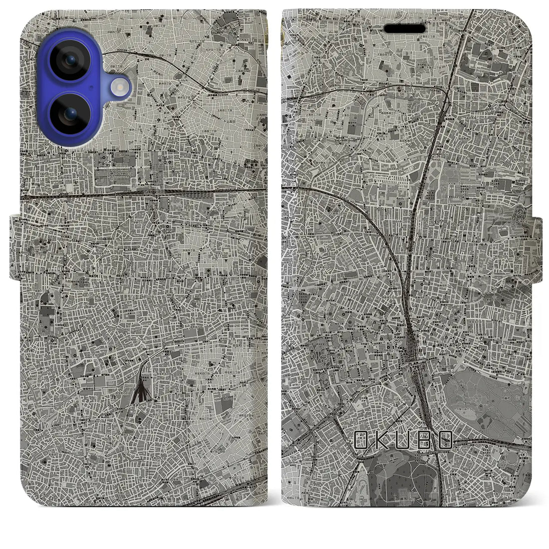 【大久保(東京都)】地図柄iPhoneケース(手帳タイプ)モノトーン・iPhone 16 Pro Max 用