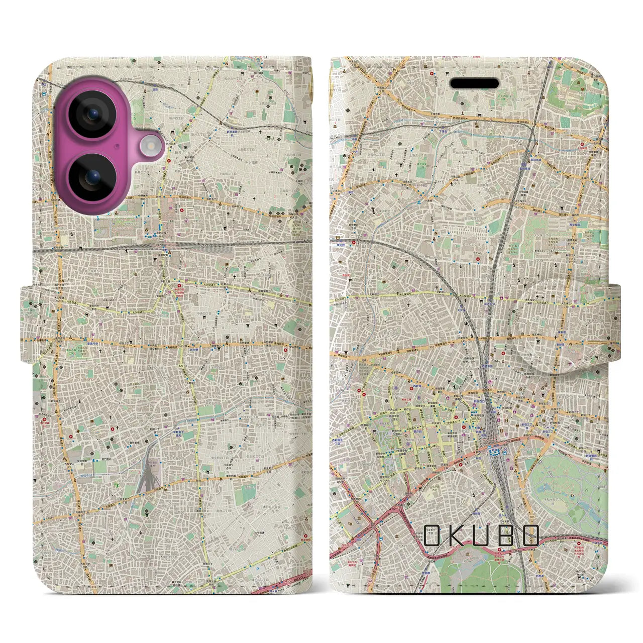 【大久保（東京都）】地図柄iPhoneケース（手帳タイプ）ナチュラル・iPhone 16 Pro 用