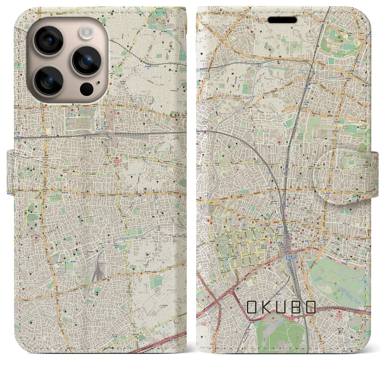 【大久保（東京都）】地図柄iPhoneケース（手帳タイプ）ナチュラル・iPhone 16 Plus 用