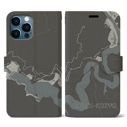 【奥大井湖上（静岡県）】地図柄iPhoneケース（手帳タイプ）モノトーン・iPhone 12 / 12 Pro 用