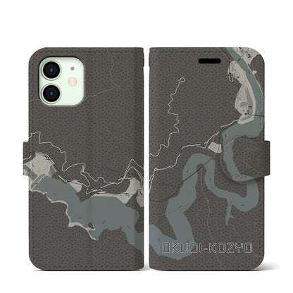 【奥大井湖上（静岡県）】地図柄iPhoneケース（手帳タイプ）モノトーン・iPhone 12 mini 用