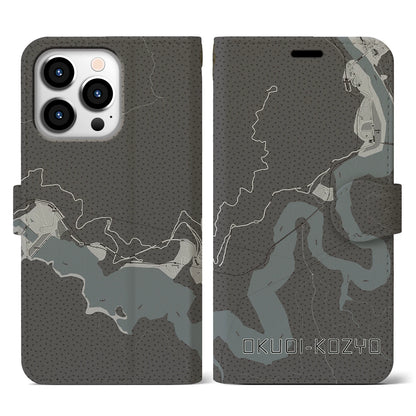 【奥大井湖上（静岡県）】地図柄iPhoneケース（手帳タイプ）モノトーン・iPhone 13 Pro 用