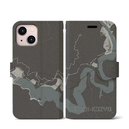 【奥大井湖上（静岡県）】地図柄iPhoneケース（手帳タイプ）モノトーン・iPhone 13 mini 用