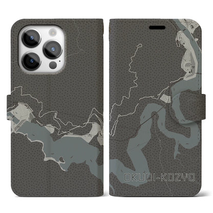 【奥大井湖上（静岡県）】地図柄iPhoneケース（手帳タイプ）モノトーン・iPhone 14 Pro 用