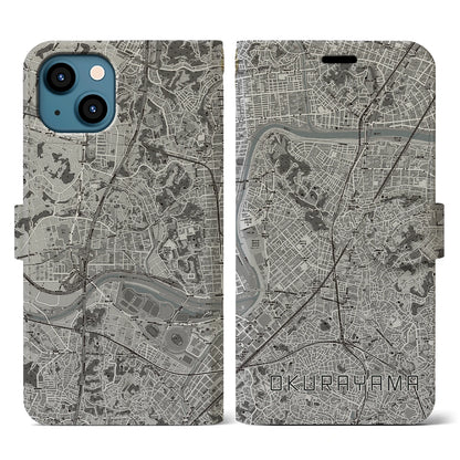 【大倉山（神奈川県）】地図柄iPhoneケース（手帳タイプ）モノトーン・iPhone 13 用