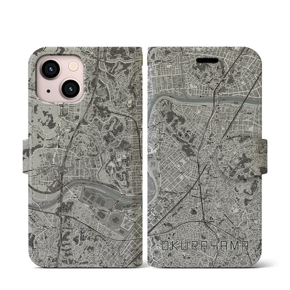 【大倉山（神奈川県）】地図柄iPhoneケース（手帳タイプ）モノトーン・iPhone 13 mini 用