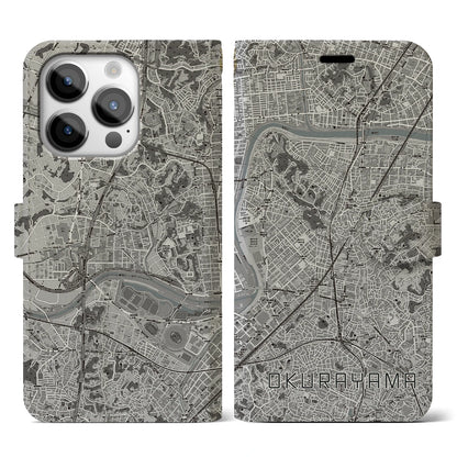 【大倉山（神奈川県）】地図柄iPhoneケース（手帳タイプ）モノトーン・iPhone 14 Pro 用