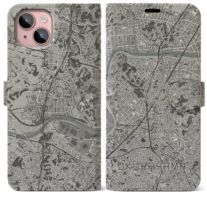 【大倉山（神奈川県）】地図柄iPhoneケース（手帳タイプ）モノトーン・iPhone 15 Plus 用