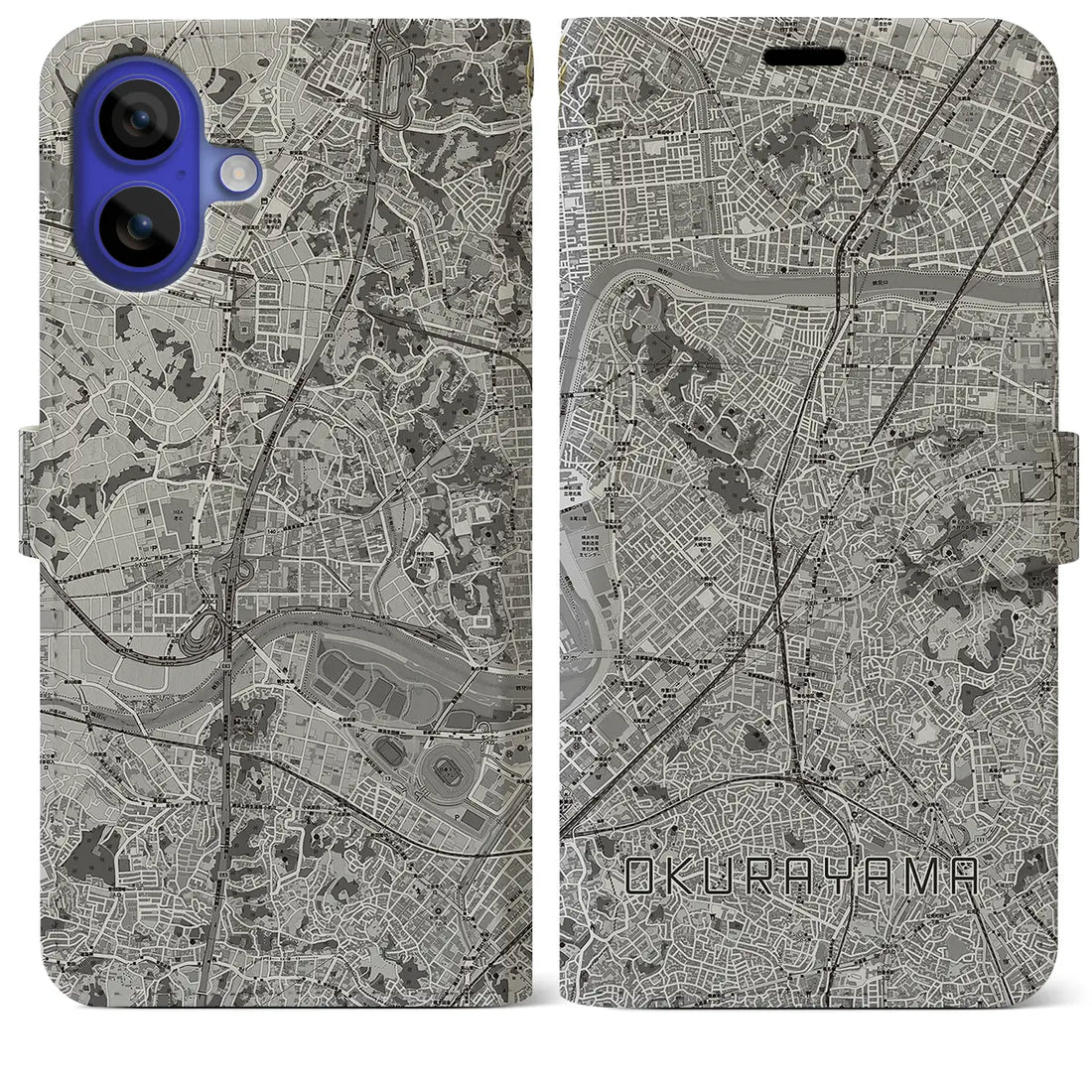 【大倉山(神奈川県)】地図柄iPhoneケース(手帳タイプ)モノトーン・iPhone 16 Pro Max 用