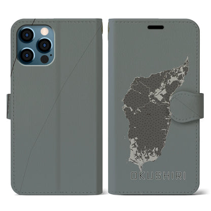 【奥尻（北海道）】地図柄iPhoneケース（手帳タイプ）モノトーン・iPhone 12 / 12 Pro 用