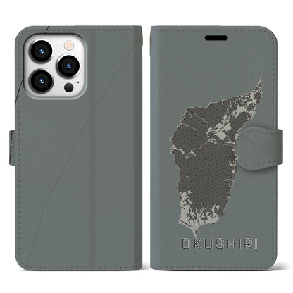 【奥尻（北海道）】地図柄iPhoneケース（手帳タイプ）モノトーン・iPhone 13 Pro 用