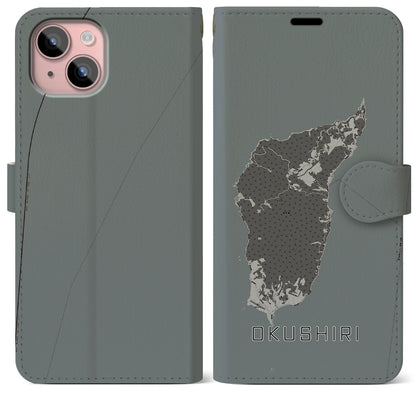 【奥尻（北海道）】地図柄iPhoneケース（手帳タイプ）モノトーン・iPhone 15 Plus 用