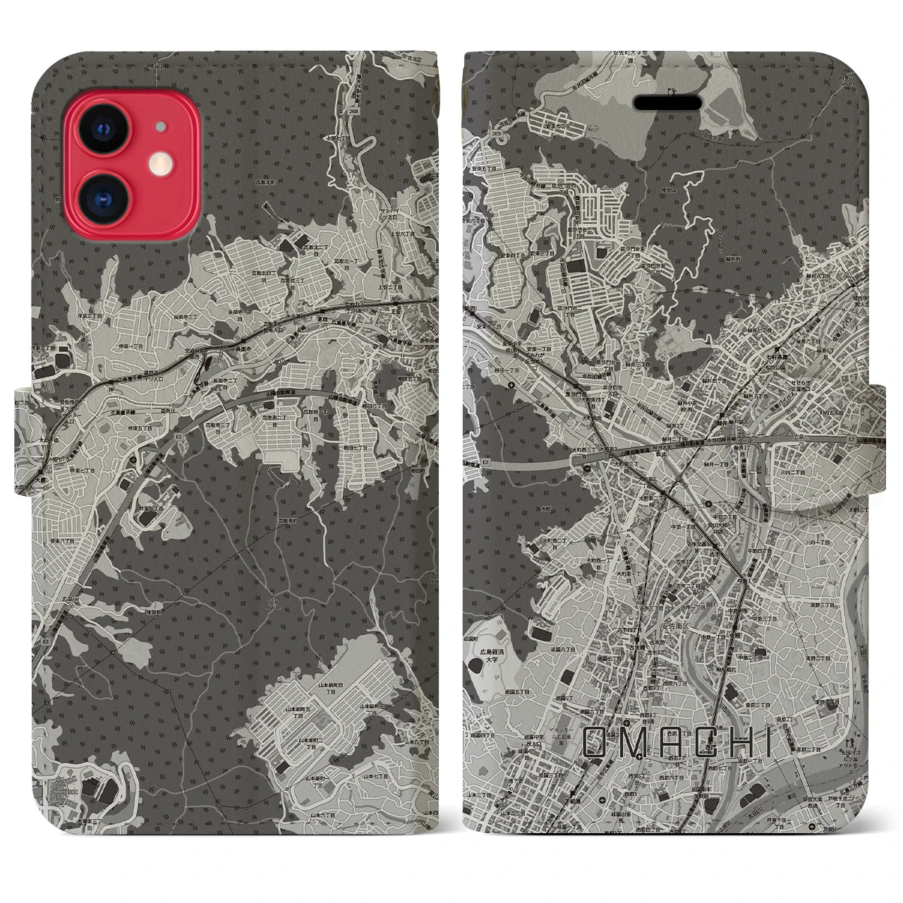 【大町（広島県）】地図柄iPhoneケース（手帳タイプ）