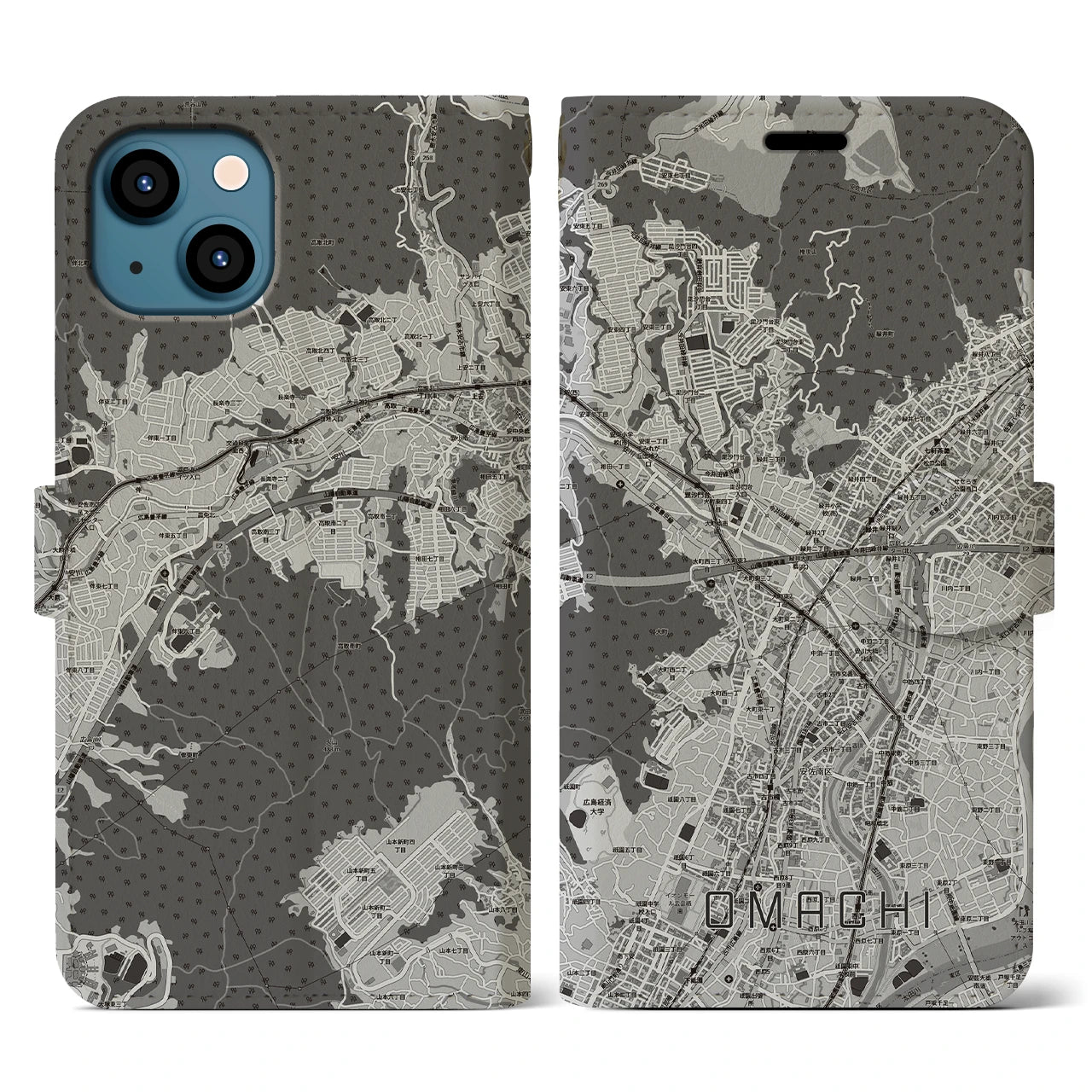 【大町（広島県）】地図柄iPhoneケース（手帳タイプ）