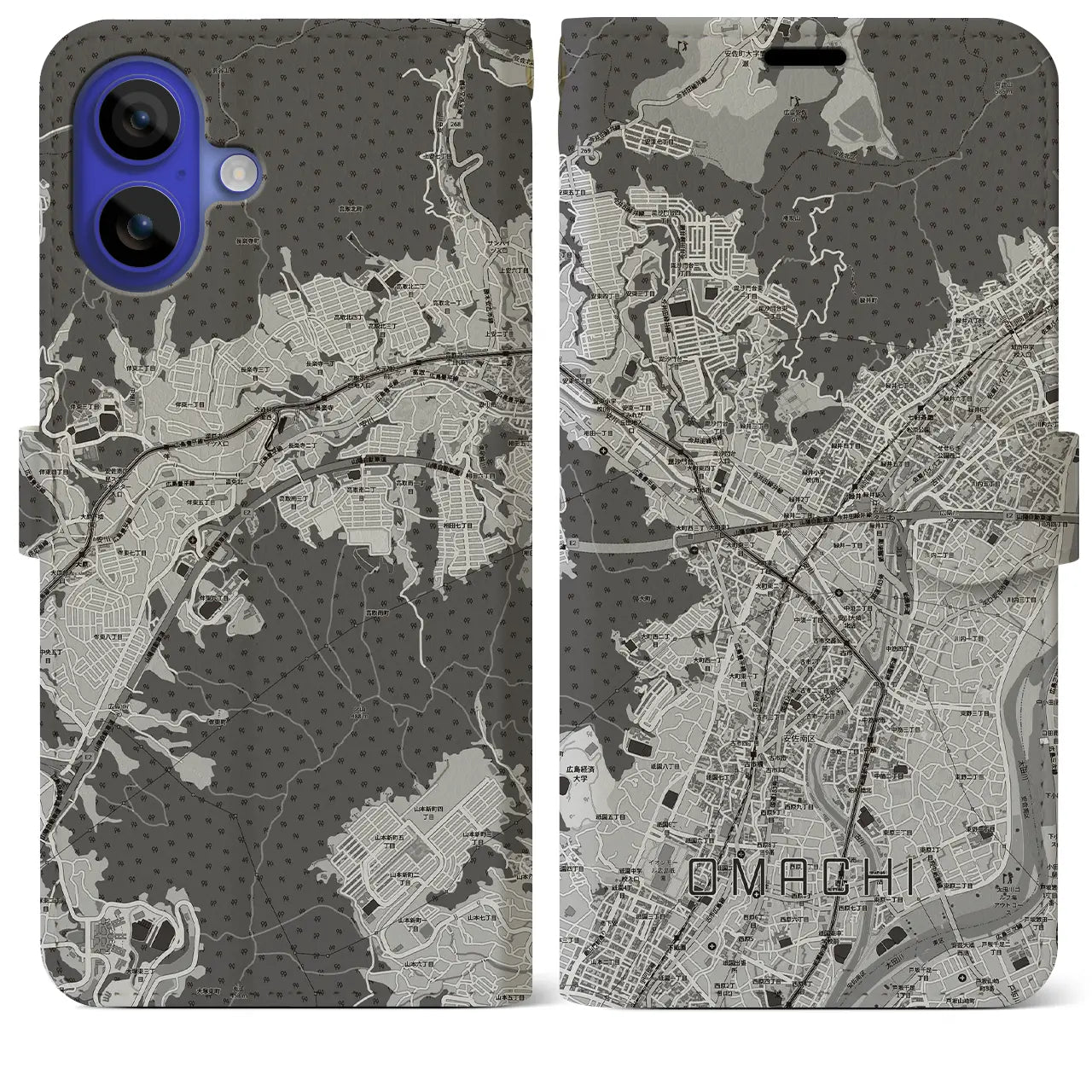 【大町（広島県）】地図柄iPhoneケース（手帳タイプ）